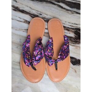 Matilda Jane Purple Floral Fabric Bow Thong Sandals Tan Flat Flip Flops Womens 7